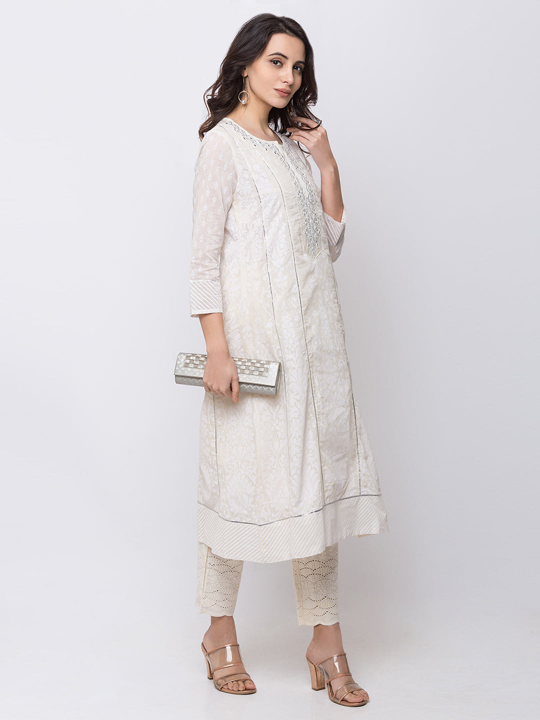 Ethnicity Long White Embroidered Kurta Tunic Dress