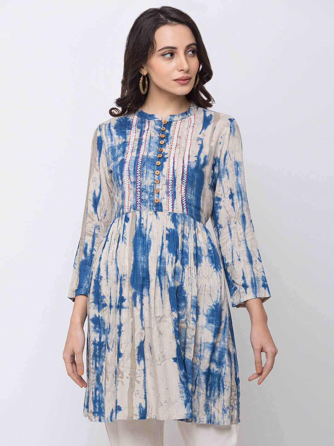 Ethnicity Blue and White Tie-Dye A-Line Short Kurta tunic with Buttoned Placket