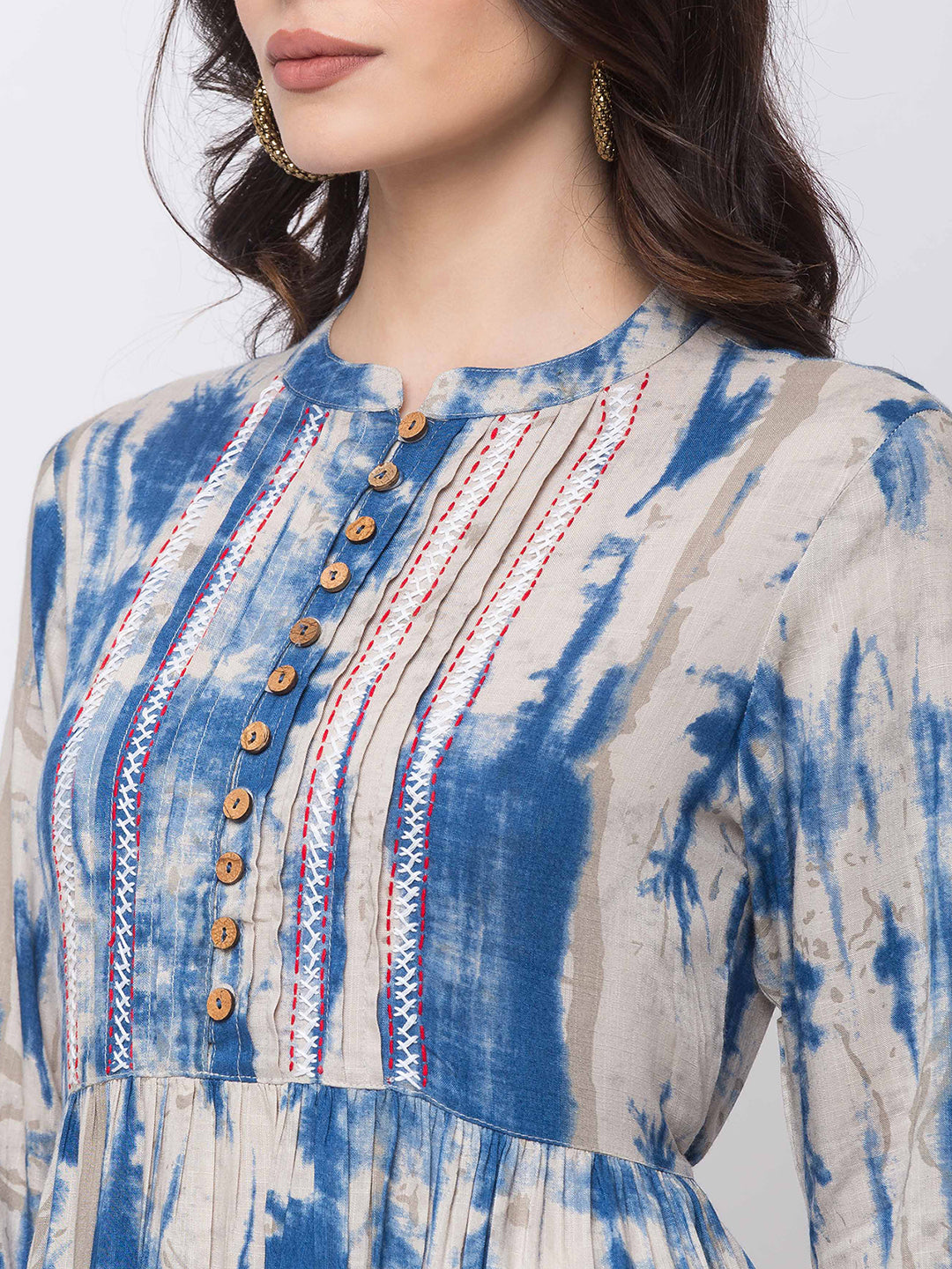 Ethnicity Blue and White Tie-Dye A-Line Short Kurta tunic with Buttoned Placket
