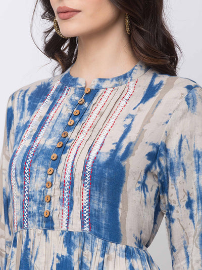 Ethnicity Blue and White Tie-Dye A-Line Short Kurta tunic with Buttoned Placket
