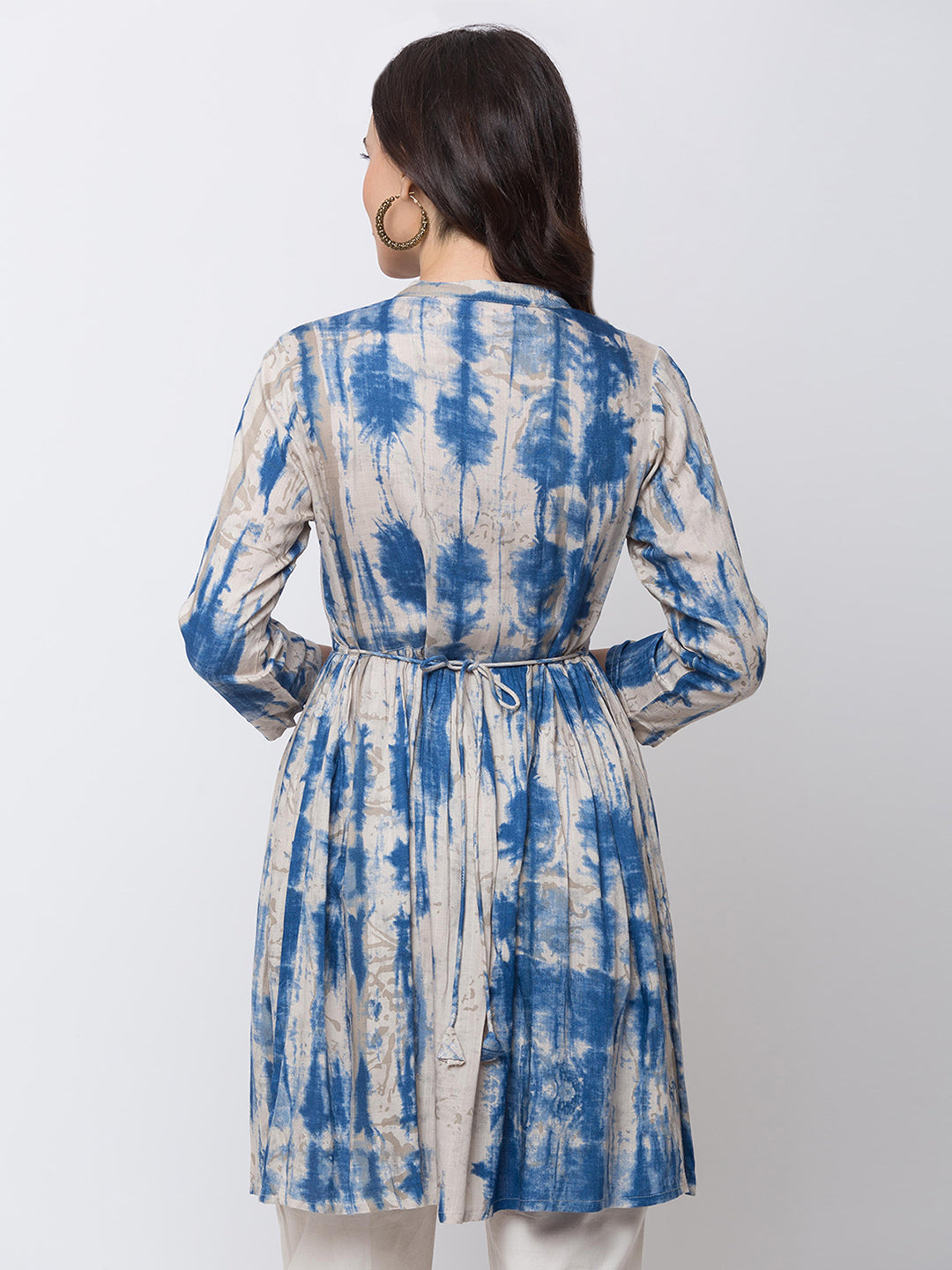 Ethnicity Blue and White Tie-Dye A-Line Short Kurta tunic with Buttoned Placket