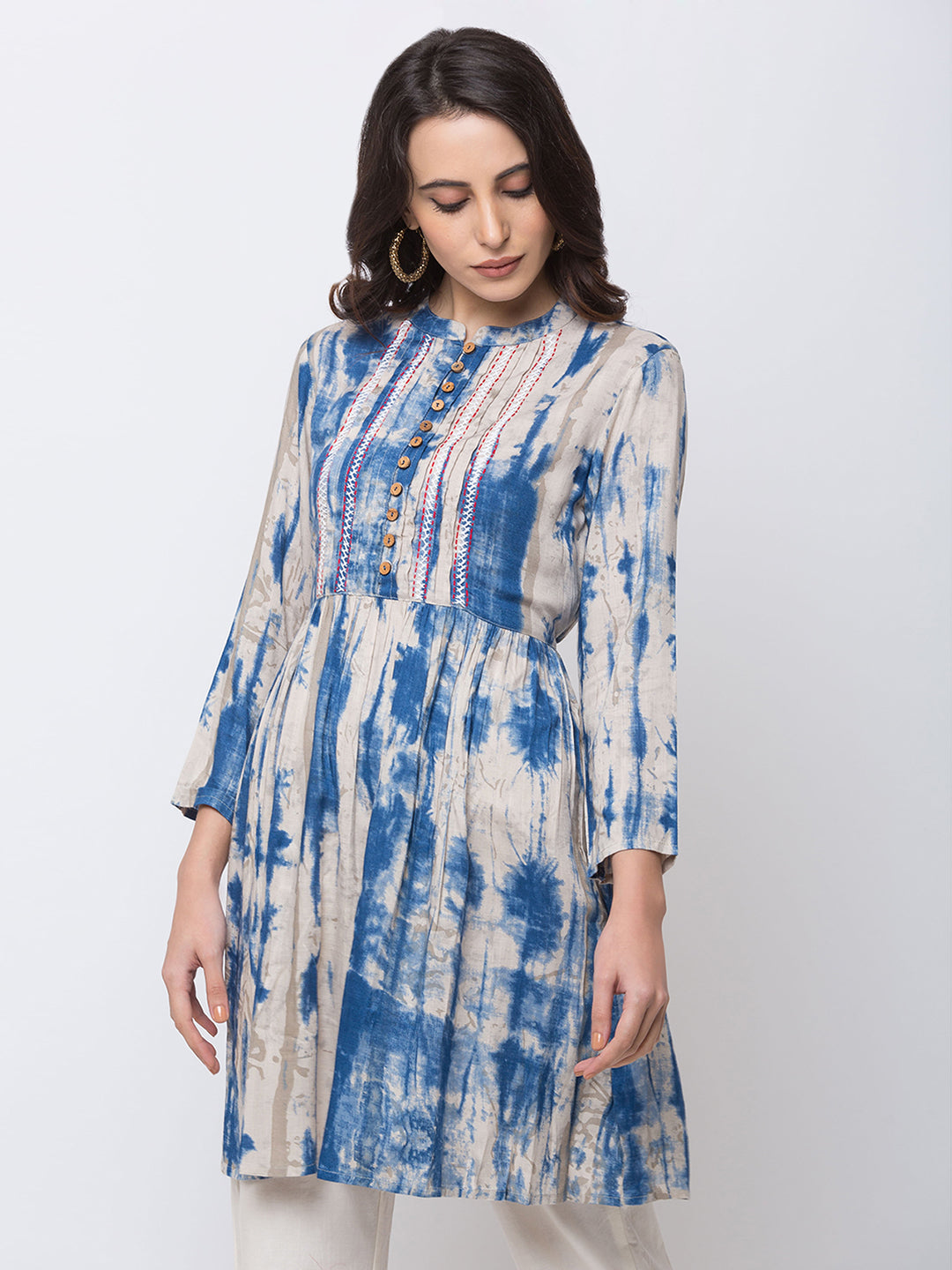 Ethnicity Blue and White Tie-Dye A-Line Short Kurta tunic with Buttoned Placket