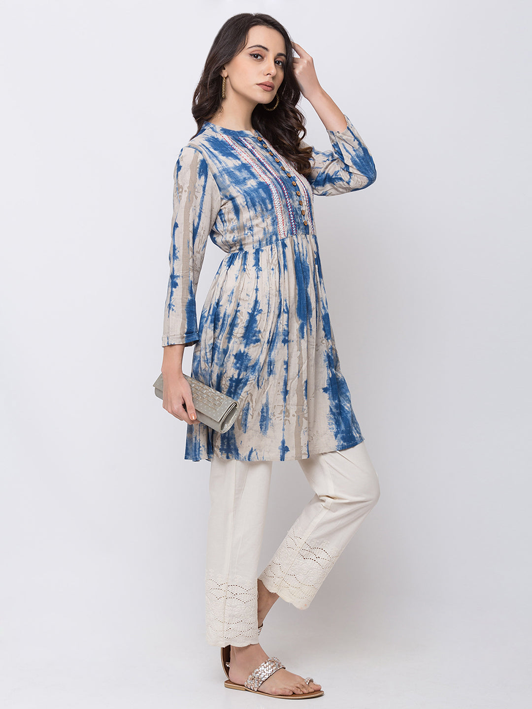 Ethnicity Blue and White Tie-Dye A-Line Short Kurta tunic with Buttoned Placket
