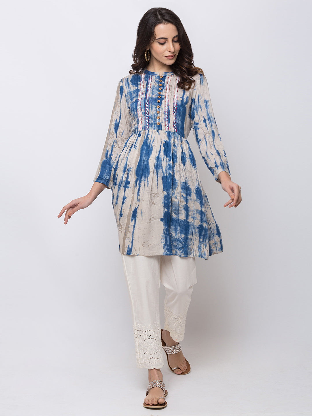 Ethnicity Blue and White Tie-Dye A-Line Short Kurta tunic with Buttoned Placket