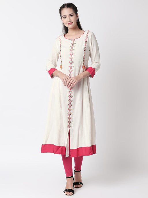 Ethnicity Handmade Embroidered Gathered Pin-Tucked White Dress with Coral Border