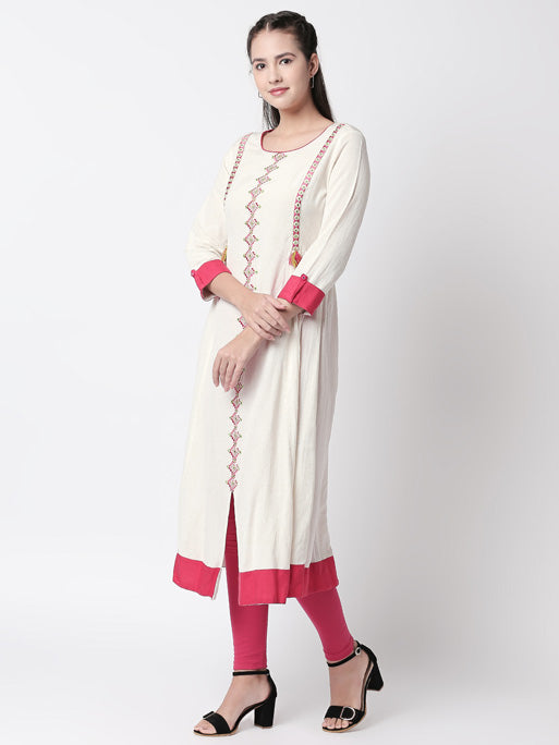 Ethnicity Handmade Embroidered Gathered Pin-Tucked White Dress with Coral Border