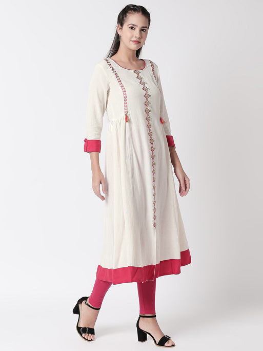 Ethnicity Handmade Embroidered Gathered Pin-Tucked White Dress with Coral Border