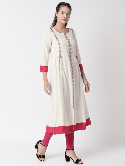 Ethnicity Handmade Embroidered Gathered Pin-Tucked White Dress with Coral Border