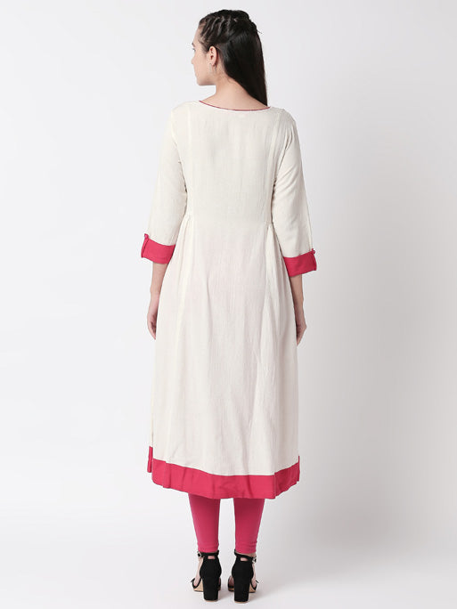 Ethnicity Handmade Embroidered Gathered Pin-Tucked White Dress with Coral Border