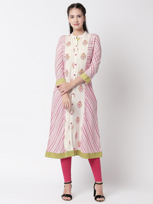 Ethnicity Off-White Stripped and Floral Designed Long Kurta Tunic