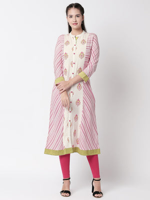 Ethnicity Off-White Stripped and Floral Designed Long Kurta Tunic