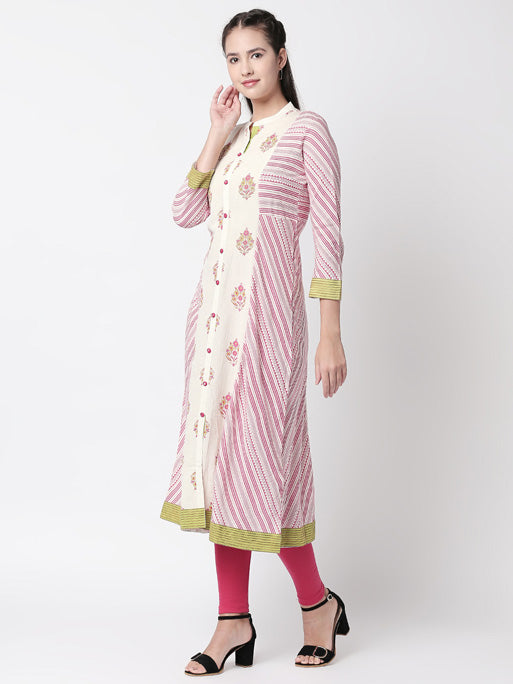 Ethnicity Off-White Stripped and Floral Designed Long Kurta Tunic