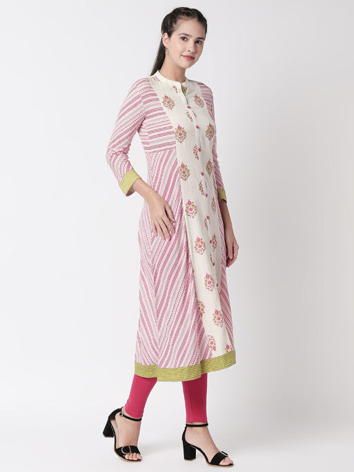 Ethnicity Off-White Stripped and Floral Designed Long Kurta Tunic