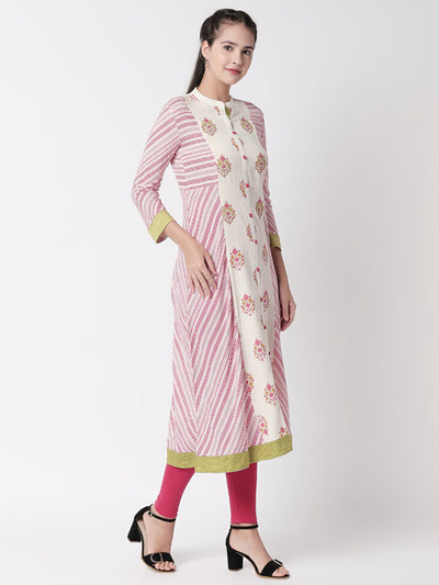 Ethnicity Off-White Stripped and Floral Designed Long Kurta Tunic