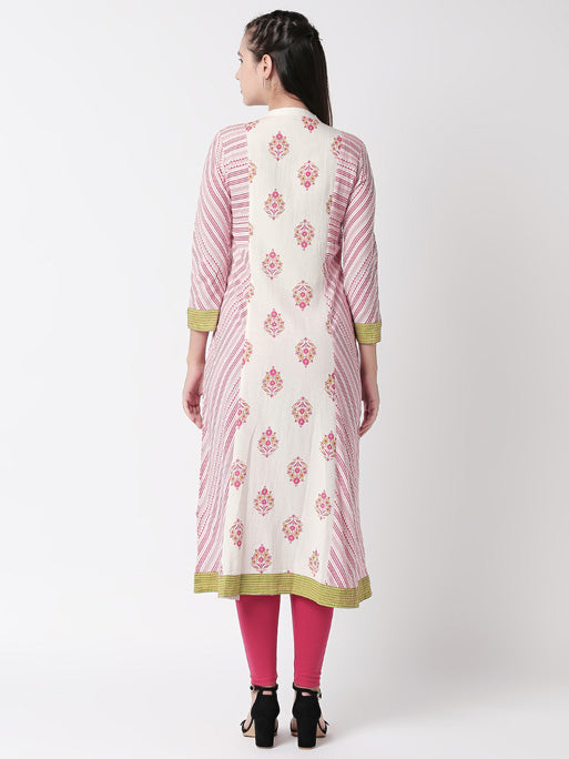 Ethnicity Off-White Stripped and Floral Designed Long Kurta Tunic