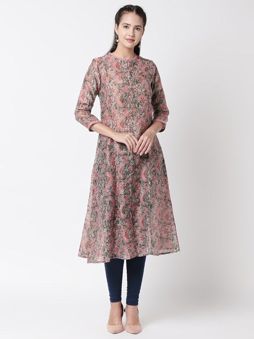Ethnicity Floral Printed A-Line Grey and Pink Long Kurta Tunic