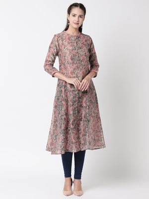 Ethnicity Floral Printed A-Line Grey and Pink Long Kurta Tunic