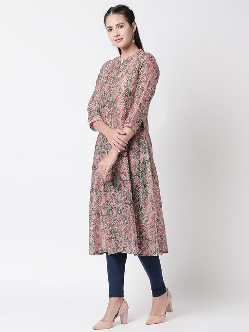 Ethnicity Floral Printed A-Line Grey and Pink Long Kurta Tunic