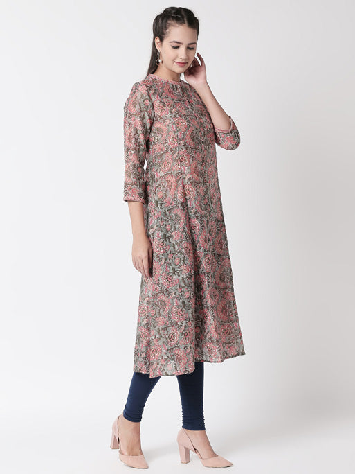 Ethnicity Floral Printed A-Line Grey and Pink Long Kurta Tunic