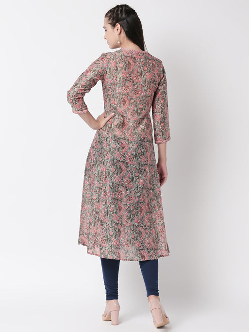 Ethnicity Floral Printed A-Line Grey and Pink Long Kurta Tunic