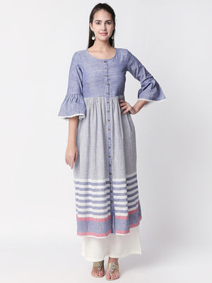 Ethnicity Artisan Light Blue Gray Gathered Long Kurta Tunic with Button Placket