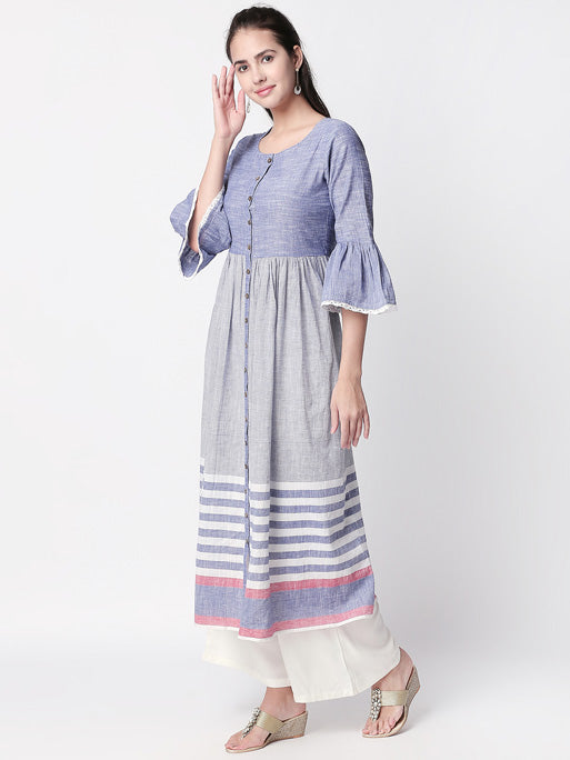 Ethnicity Artisan Light Blue Gray Gathered Long Kurta Tunic with Button Placket