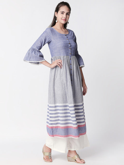 Ethnicity Artisan Light Blue Gray Gathered Long Kurta Tunic with Button Placket