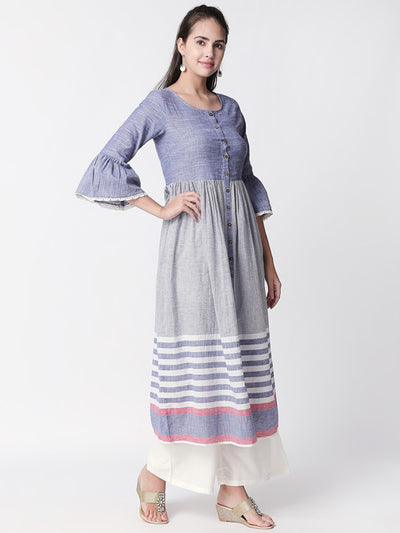 Ethnicity Artisan Light Blue Gray Gathered Long Kurta Tunic with Button Placket