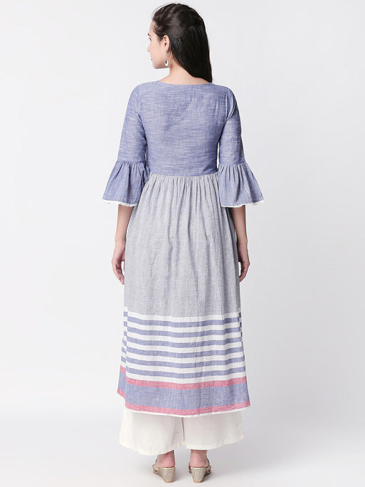 Ethnicity Artisan Light Blue Gray Gathered Long Kurta Tunic with Button Placket