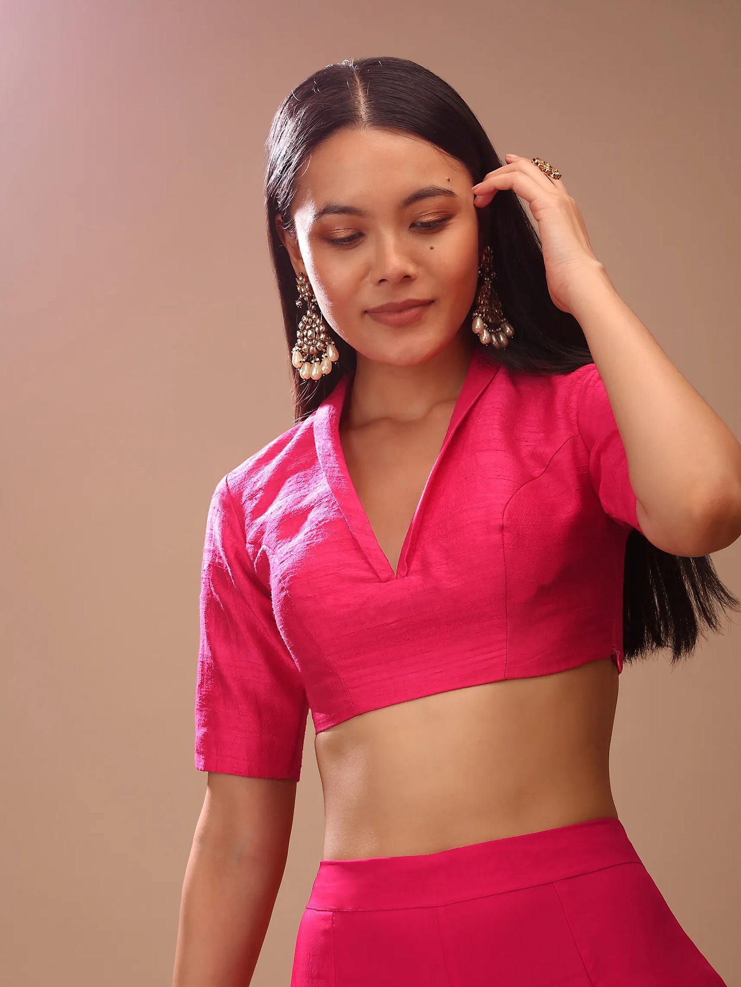 In-Sattva Women's Silk Half Sleeveless V-Neck Blouse; Vermillion Pink