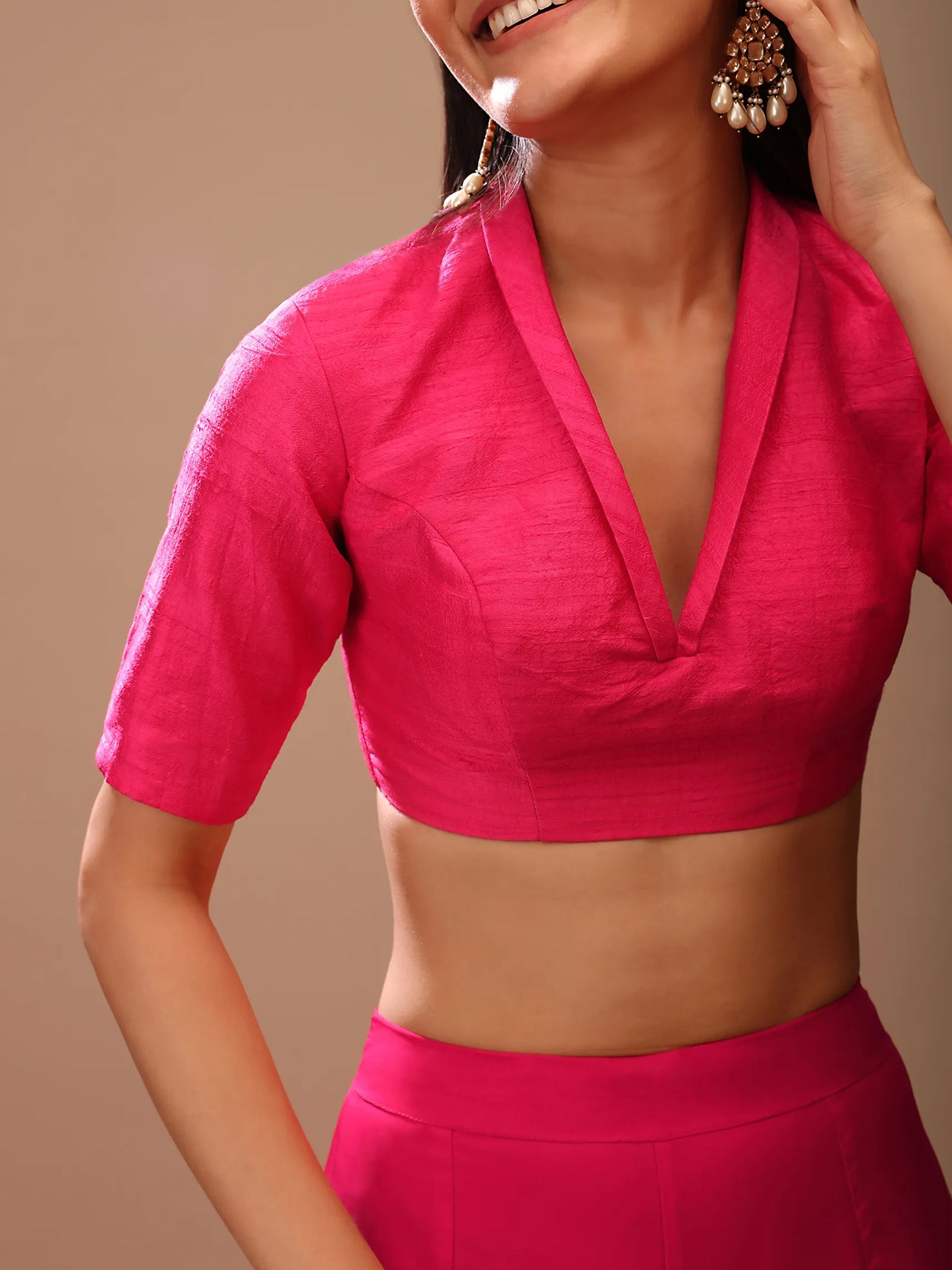 In-Sattva Women's Silk Half Sleeveless V-Neck Blouse; Vermillion Pink