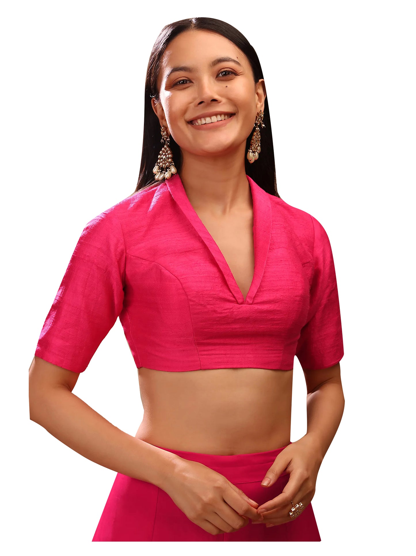 In-Sattva Women's Silk Half Sleeveless V-Neck Blouse; Vermillion Pink
