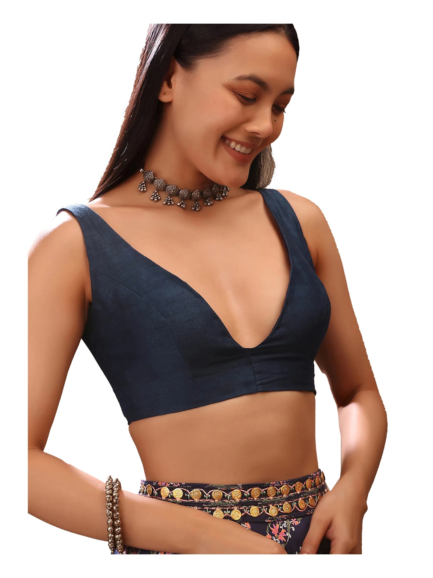 In-Sattva Women's Silk Strap V-Neck Blouse; Blizzard Blue