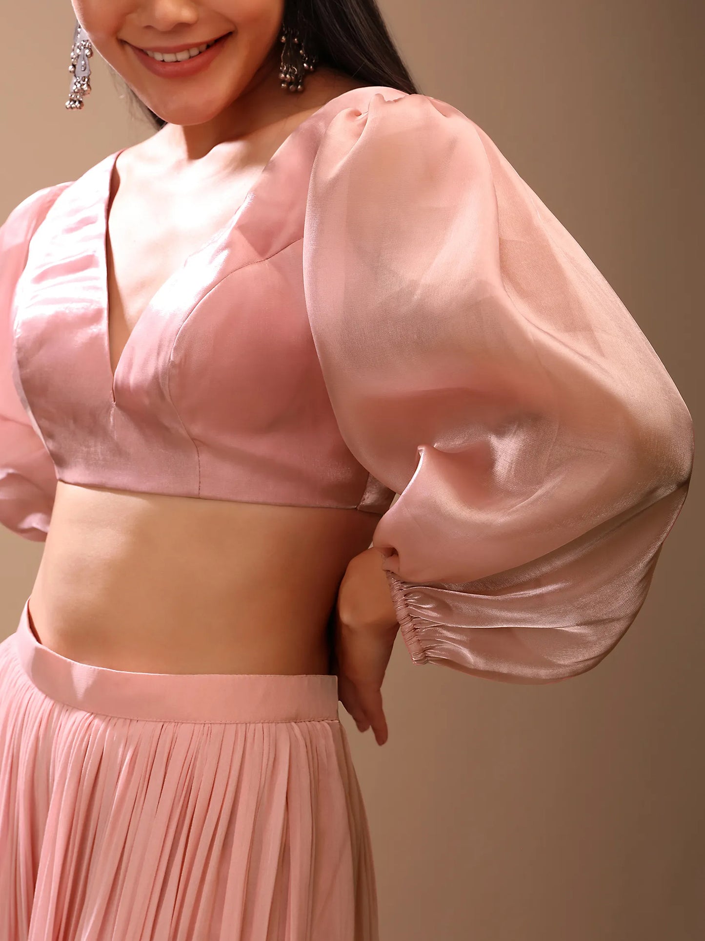 In-Sattva Women's Satin Balloon Full Sleeve V-Neck Blouse; Rouge Pink