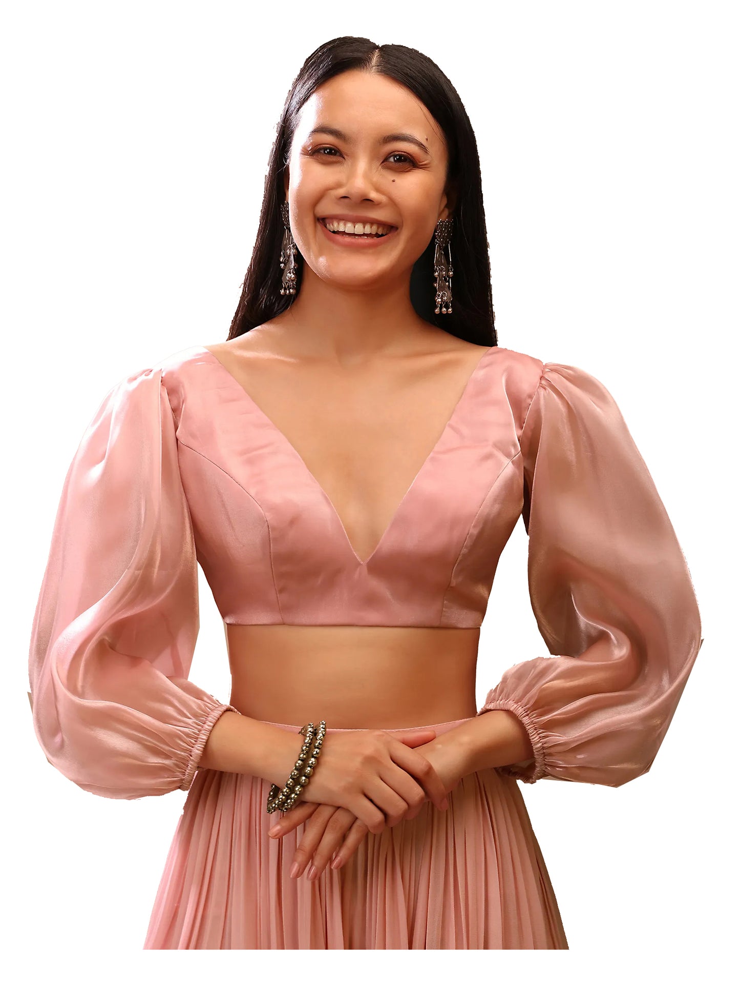 In-Sattva Women's Satin Balloon Full Sleeve V-Neck Blouse; Rouge Pink