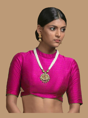 In-Sattva Women's Silk Half Sleeve High Neck Blouse; Peony Pink