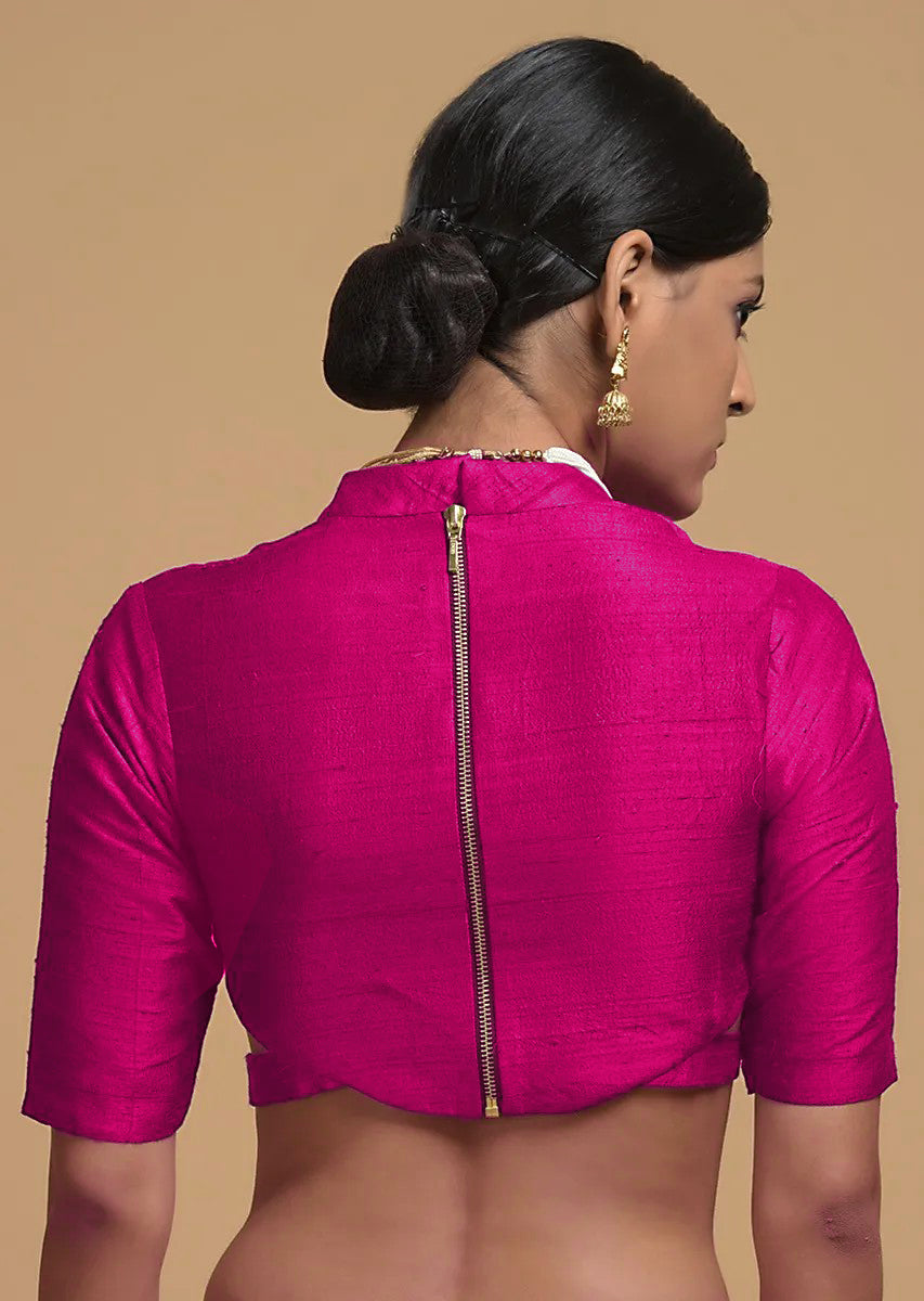 In-Sattva Women's Silk Half Sleeve High Neck Blouse; Peony Pink