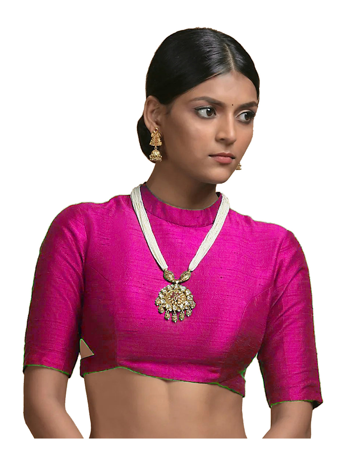 In-Sattva Women's Silk Half Sleeve High Neck Blouse; Peony Pink