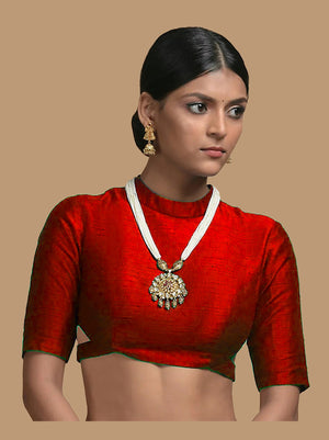 In-Sattva Women's Silk Half Sleeve High Neck Blouse; Venetian Red