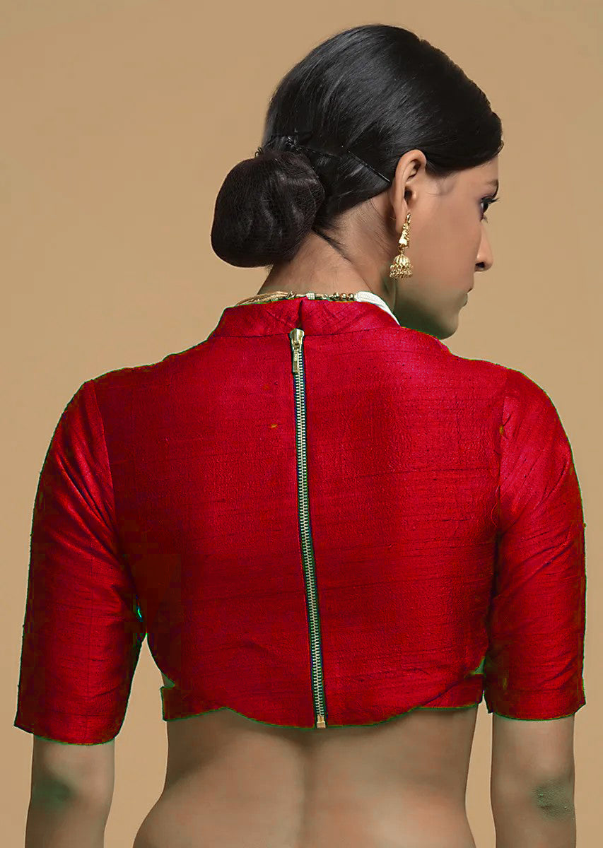 In-Sattva Women's Silk Half Sleeve High Neck Blouse; Venetian Red