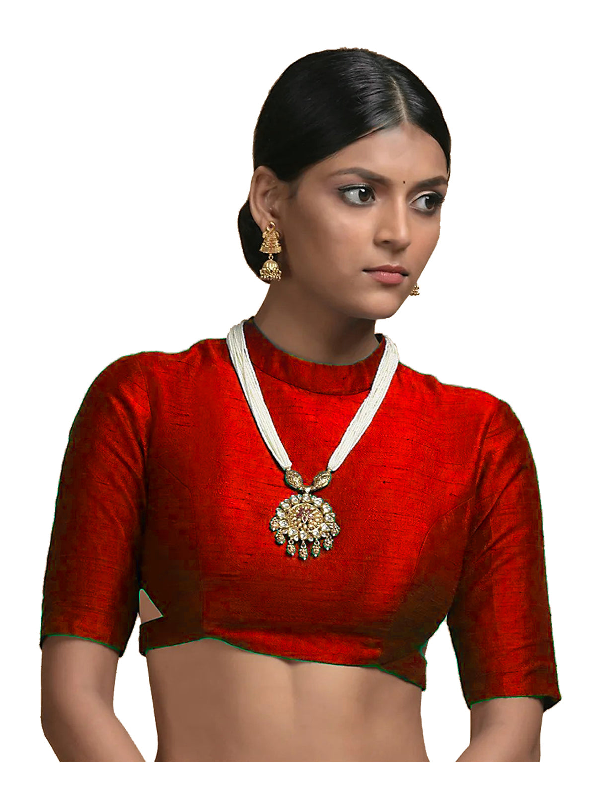 In-Sattva Women's Silk Half Sleeve High Neck Blouse; Venetian Red