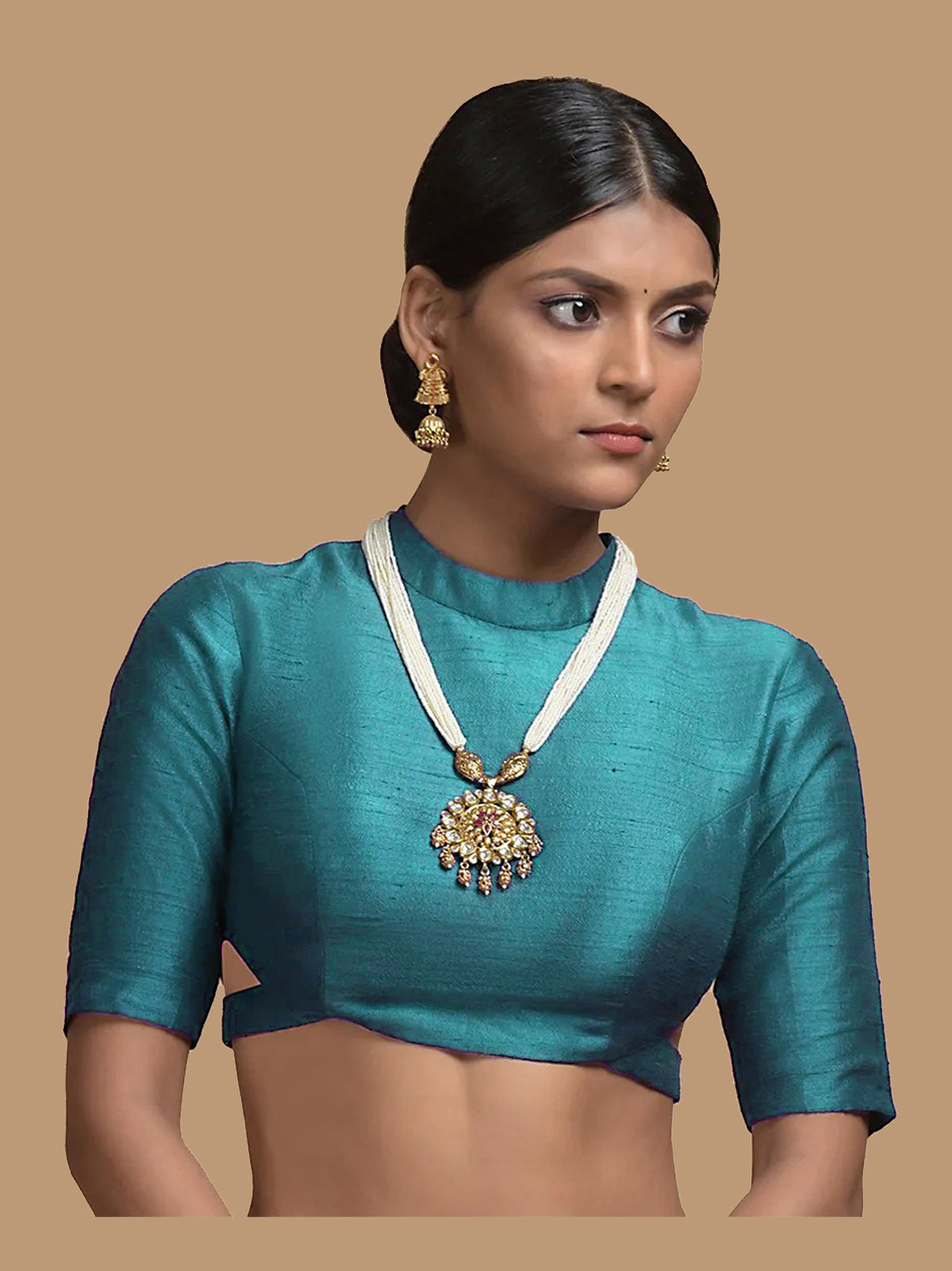 In-Sattva Women's Silk Half Sleeve High Neck Blouse; Aqua Blue