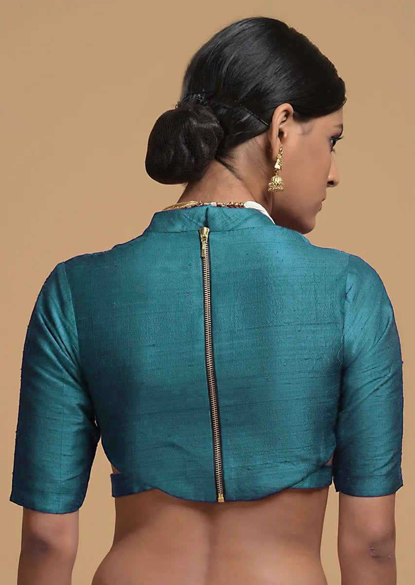 In-Sattva Women's Silk Half Sleeve High Neck Blouse; Aqua Blue
