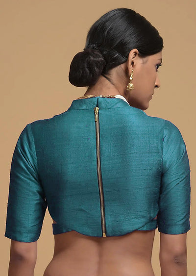 In-Sattva Women's Silk Half Sleeve High Neck Blouse; Aqua Blue