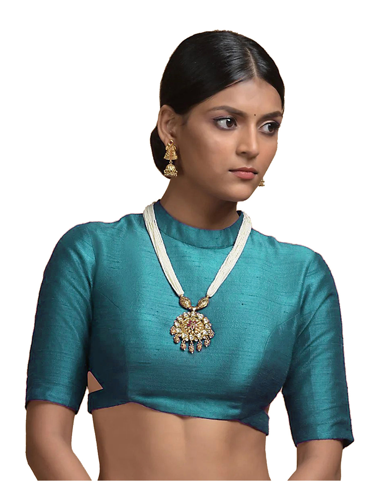 In-Sattva Women's Silk Half Sleeve High Neck Blouse; Aqua Blue