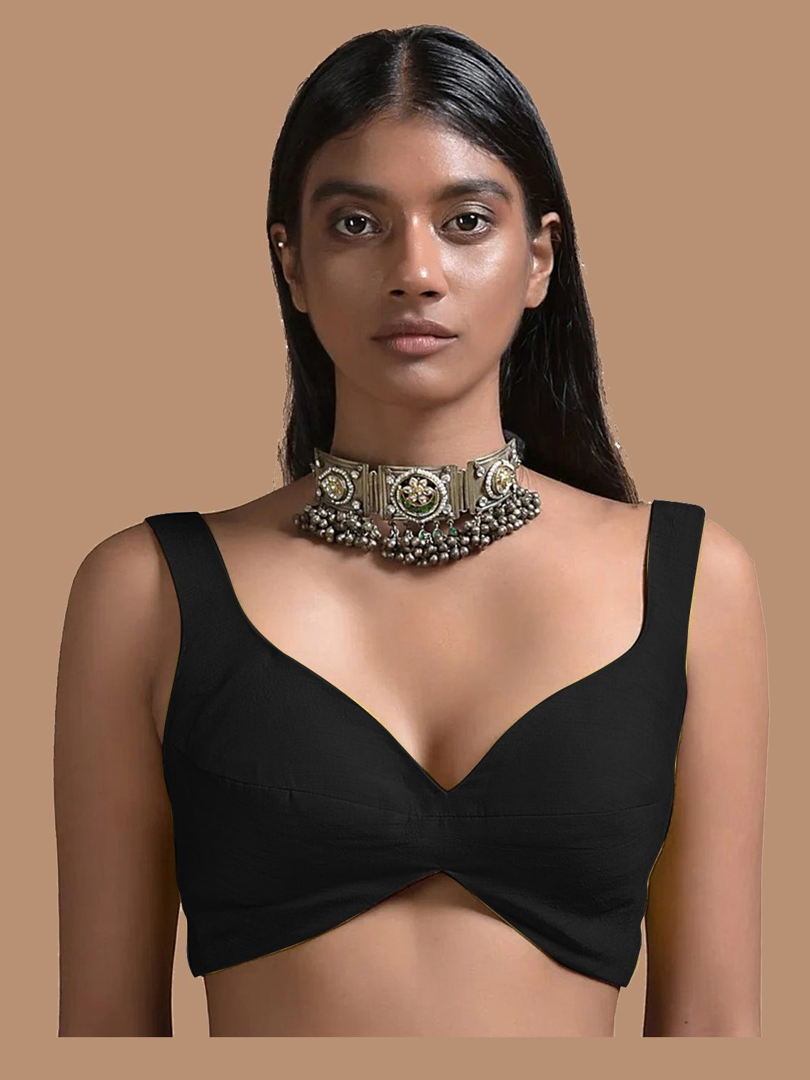 In-Sattva Women's Silk Strap V-Neck Blouse; Oolong Black