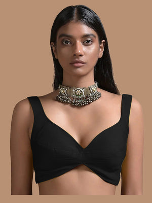 In-Sattva Women's Silk Strap V-Neck Blouse; Oolong Black