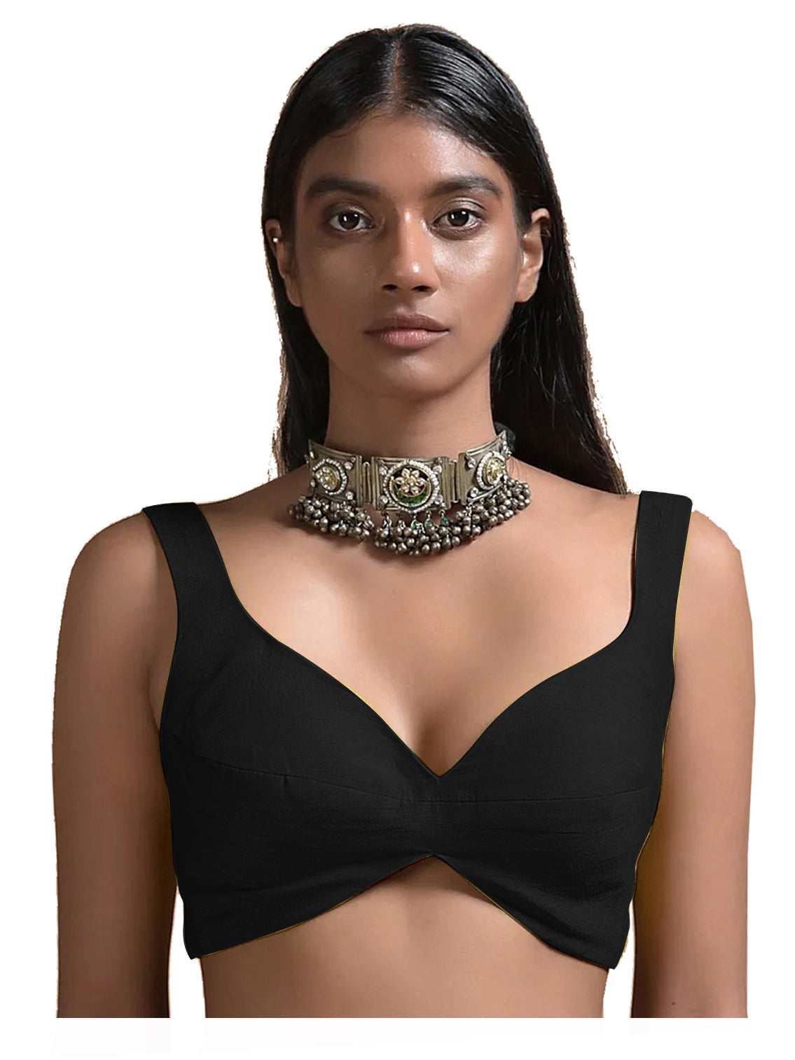 In-Sattva Women's Silk Strap V-Neck Blouse; Oolong Black