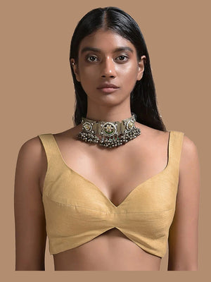 In-Sattva Women's Silk Strap V-Neck Blouse; Caramel Gold