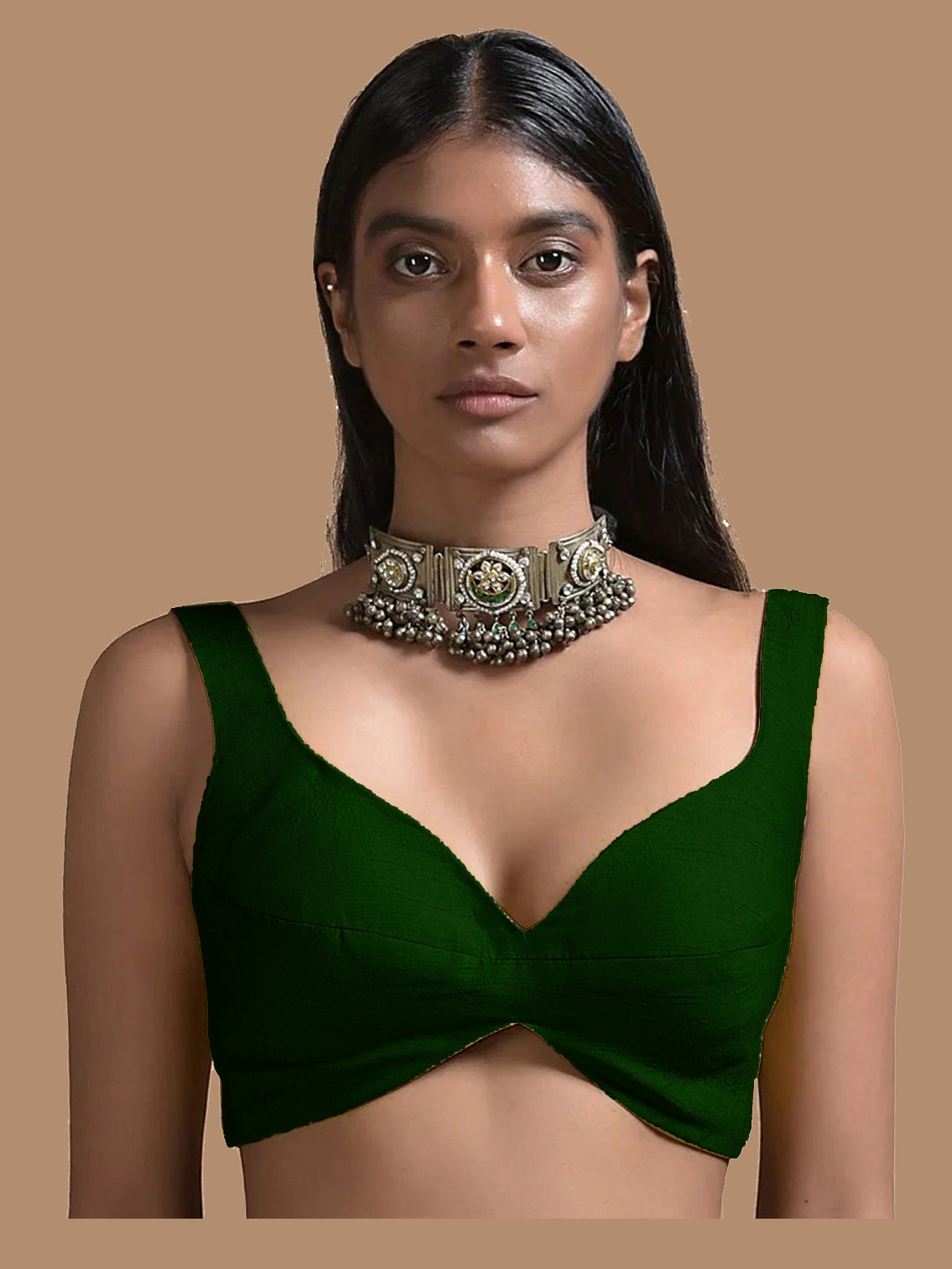 In-Sattva Women's Silk Strap V-Neck Blouse; Fern Green